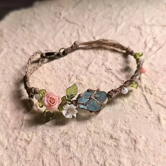 JDMEOPD Crushed Stone Flower Bracelet Weave Mesh Beautiful Flower Bracelet Handmade Bohemian Floral Bracelets for Women (Blue)