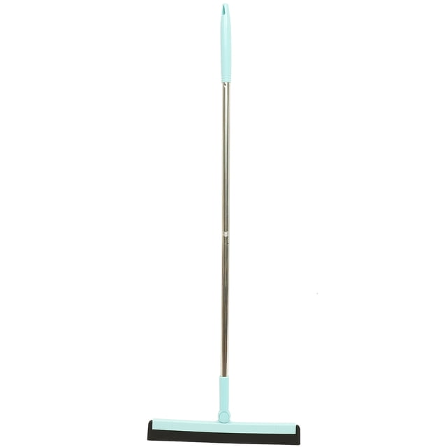 MasteelfCA Floor Squeegee Scrubber Floor Cleaner Shower Tile Squeegee Household Cleaning Tool 106 cm stainless steel pole with light blue EVA/ABS ergonomic handle and matching swivel T-head, black rubber blade visible and hanging hole, full-length front view on white background, often used for bathroom or kitchen floors and suitable for quick water removal on balconies.