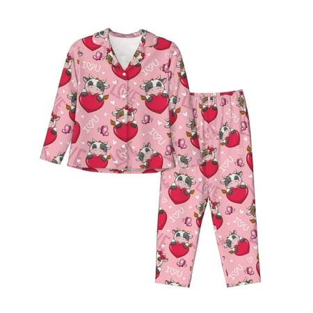 Pajamas for Women Set - Cute Cartoon Love Cow Red Pink Comfy Long Sleeve Button Up Pajama Sets for Women 2 Piece  Soft Sleepwear Nightwear Pjs Lounge Sets for Women with Pockets