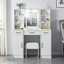 Teousev Makeup Vanity with Lighted Mirror, White Vanity Desk Set with Stool, Drawers & Shleves, Dressing Table for Women Girls Bedroom