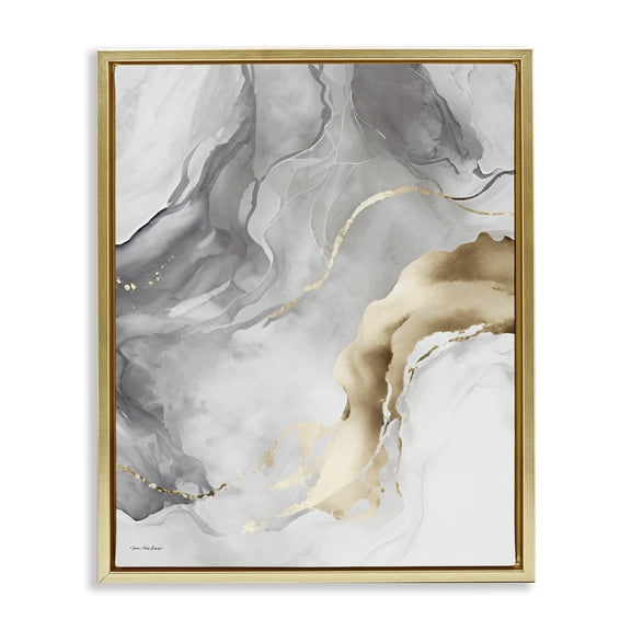 Stupell Industries Marbled Grey & Glam Abstract Painting Gold Floater Framed Canvas Art Print Wall Art, 17 x 21