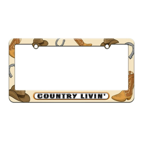 Country Livin Living - License Plate Tag Frame - Country Cowboy Hat Boots Design