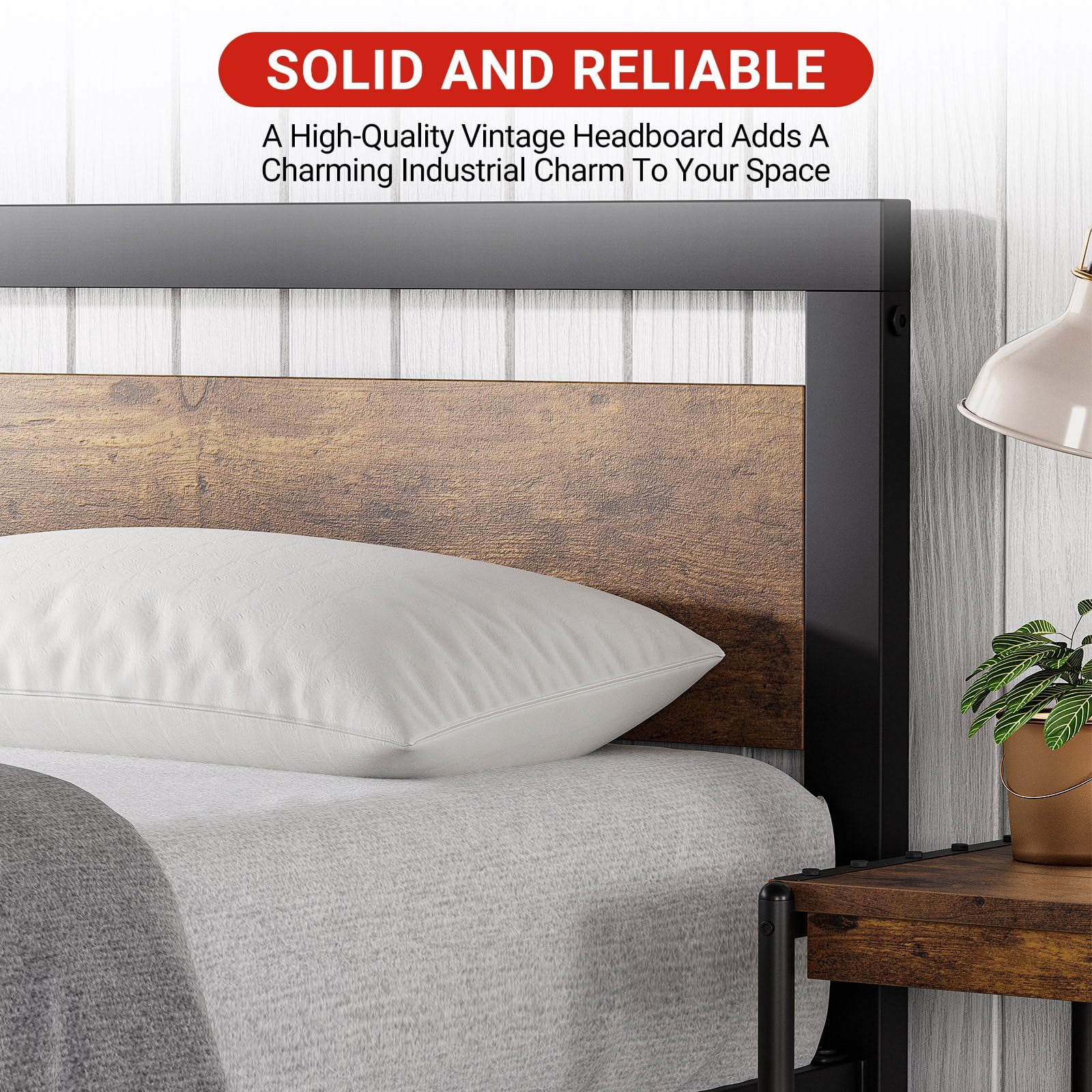 KOKEBREN King Size Bed Frame, Industrial King Platform Bed with Headboard No Box Spring Needed,Brown