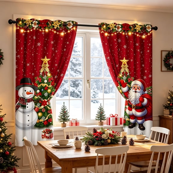 2 Panel Christmas Curtains, 24x59 Inch Holiday Window Treatments With Santa And Snowman, Festive Semi-Sheer Decor