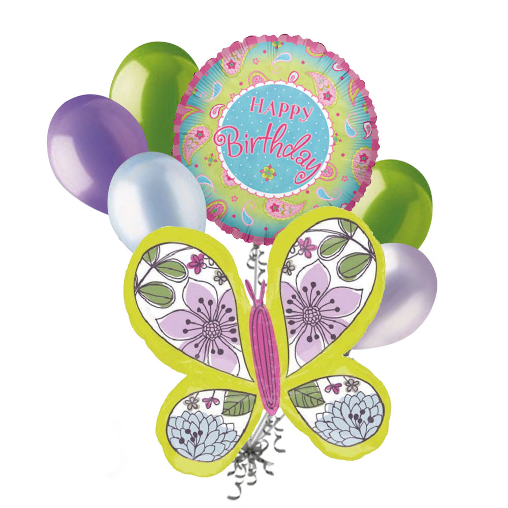7 pc Green Floral Butterfly Happy Birthday Balloon Bouquet Party