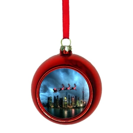 Chinese Ornaments Meaning Santa Klaus and Sleigh Riding Over Shanghai China Bauble Christmas Ornaments Red Bauble Tree Xmas Balls ()