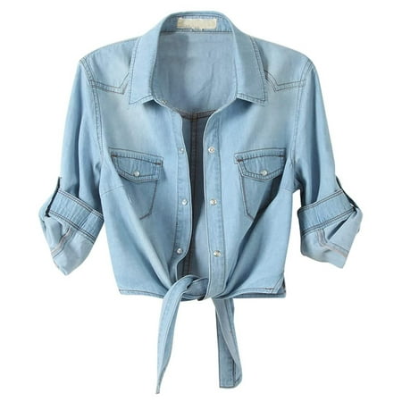 

Trench Coats for Women faux Leather Jacket Women Women s Casual 3/4 Sleeve Button Down Crop Jean Top Knot Tie Denim Shirt Jacket Womens Cardigan Sweaters New Arrival Womens Jacket Sky Blue S