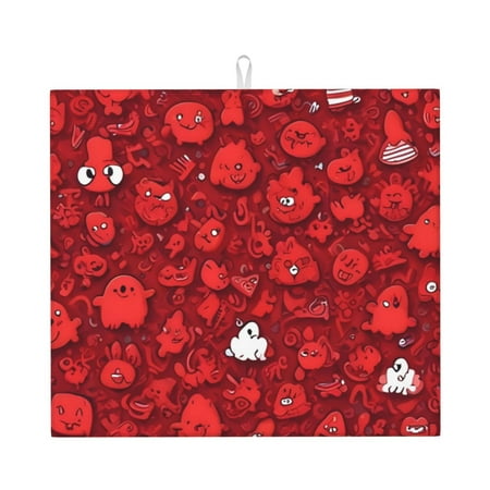 

Lukts Playful Red Cartoon Faces Print Ultra Water Dish Drying Mat Slip Resistant Pad for Sink Dishes or Under Rack Kitchen Counter Accessories