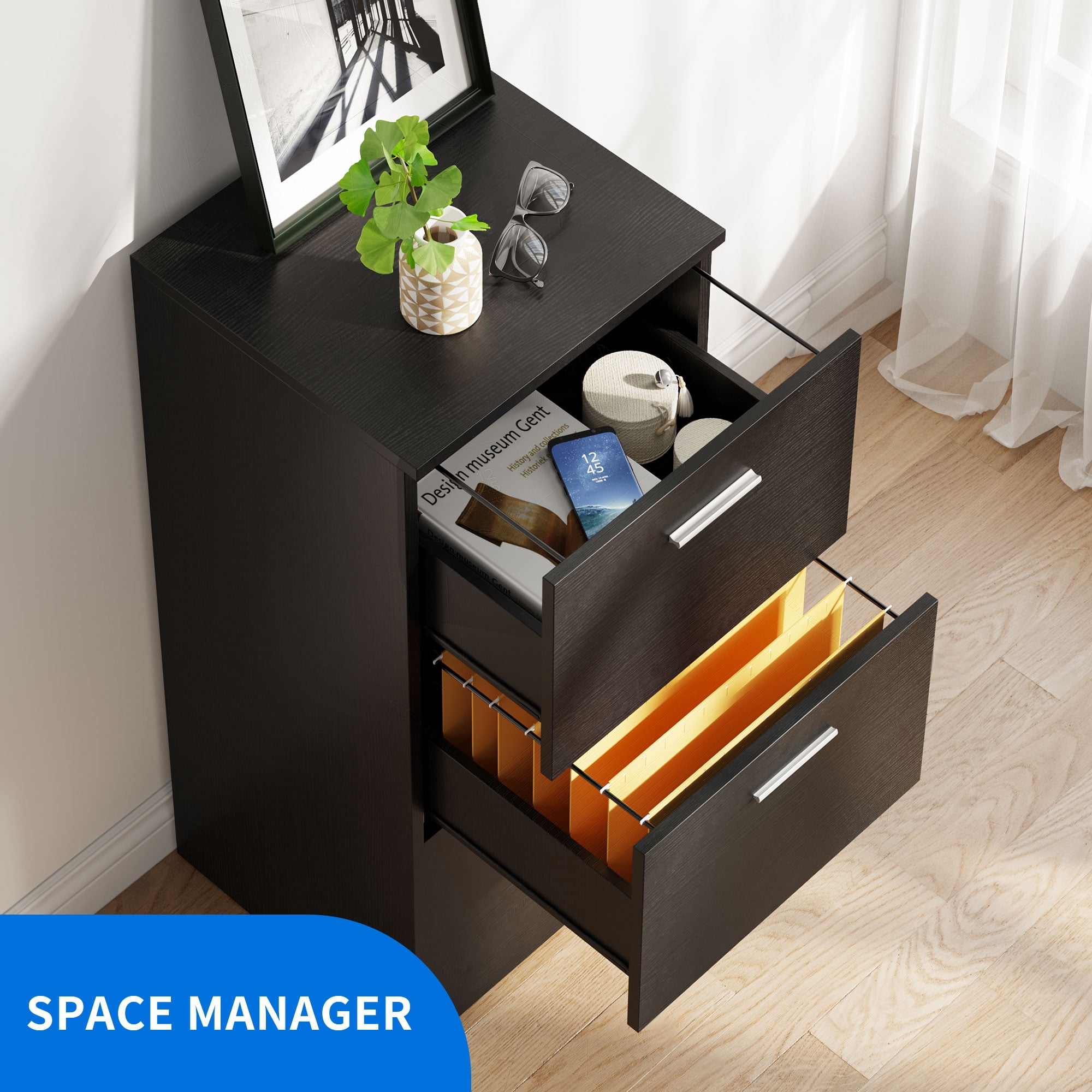 DEXTRUS 3-Drawer Wood File Cabinet with Lock,15.82" Vertical Filing Cabinet for Letter A4-Sized Files, Chest Organizer Office Storage, Black