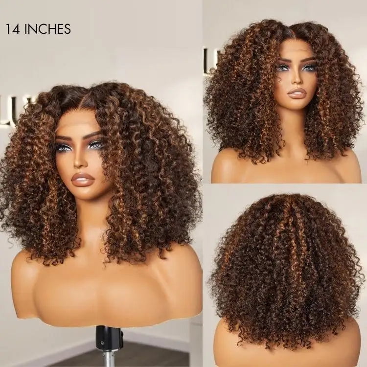 LUVME 180% Density Copper Highlight Kinky Curly Glueless 5x5 Lace Closure Wig