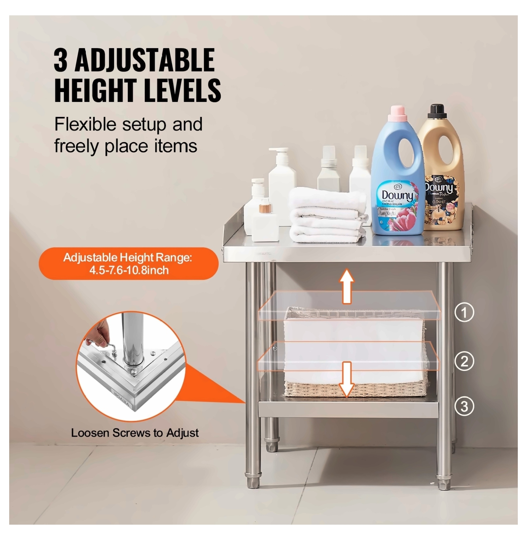 Stainless Steel Work Table 24x24x26 Inch - Commercial Food Prep Table - Heavy Duty 3-Sided Backsplash - Adjustable Height Metal Worktable for Restaurant Home Kitchen