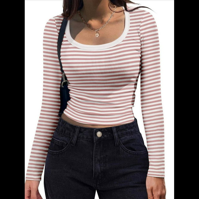 Camisas de Larga con Cuello Redondo para Mujer, Blusas Informales de Punto Acanalado de Corte Ajustado, Camisetas Básicas de Trabajo para Verano y Otoño. Rosa M