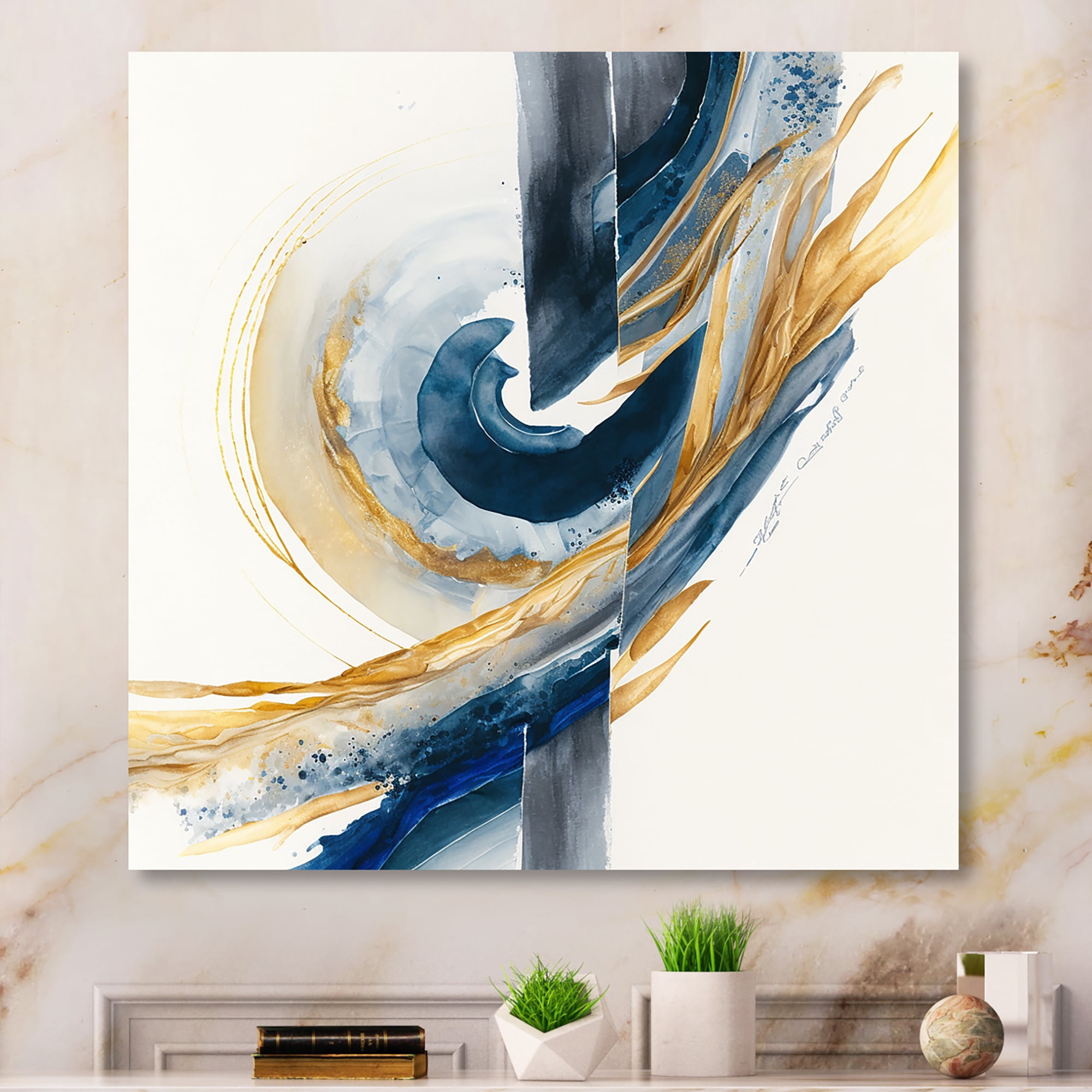 Designart Blue And Gold Swirl Abstract V Canvas Wall Art