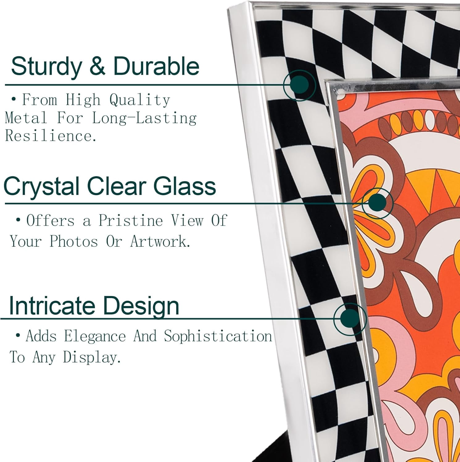 Concepts 4x6 Picture Frames Set of 4 Silver Checkered Retro Photo Frames, HD Glass, Wall Decor/Tabletop Display