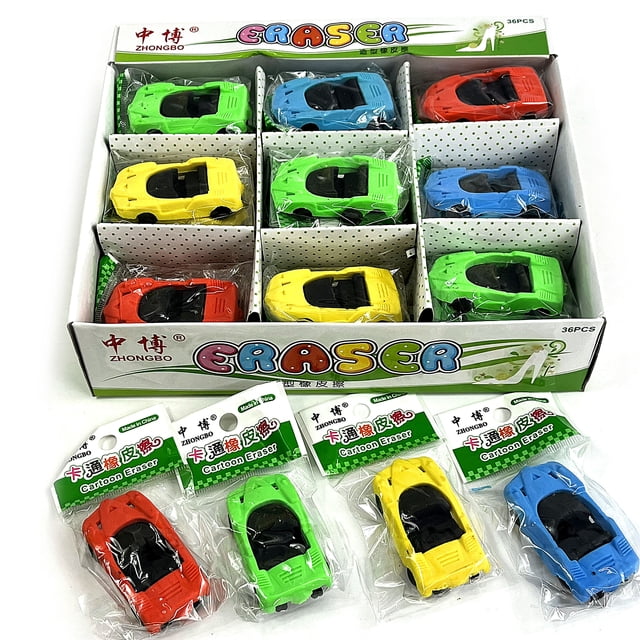 Caja Set 36 Gomas Borradores en forma de Coches Tiktik Papelería Mayoreo Escuela Colores surtidos rojo verde azul amarillo