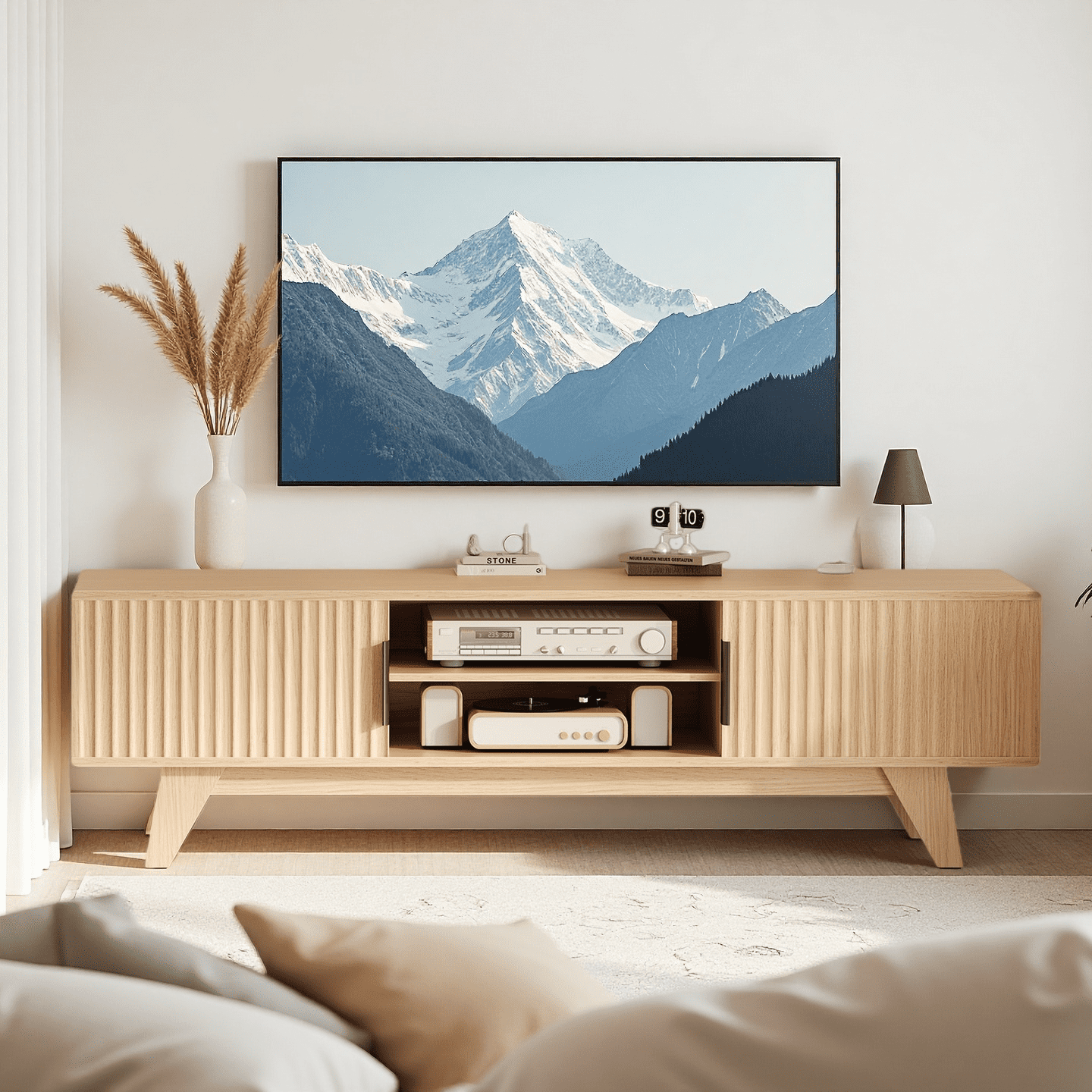 Innovar Home TV Stand for 75 inch TV - Modern TV Stand for TVs up to 75" Wood TV Stand W/ Storage & Adjustable Shelves, Low Profile TV Console Media Cabinet Entertainment Center for Living Room,Oak