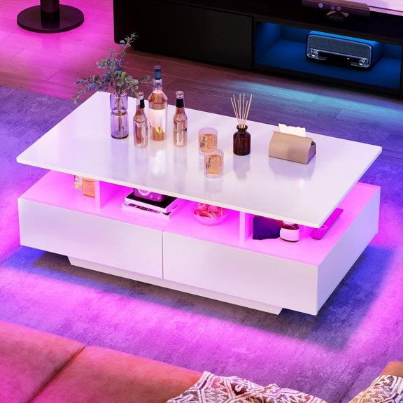 LED Coffee Table With Storage, Glossy White Rectangular Center Table, 4
