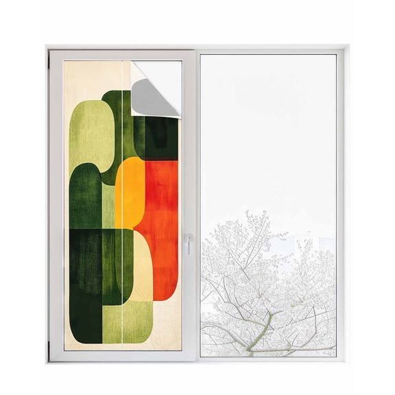 Window Privacy Film Green Geometric Stained Glass Window Film Decorative Sun Block Window Cover Modern Orange Abstract Lines Art Window Clings Static Adhesive Sticker for Bathroom 29.5"x78.7"