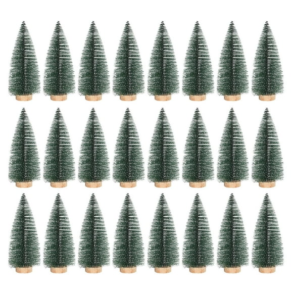 24 Pcs Miniature Christmas Trees – 4" Frosted Sisal Pine Trees with Wooden Bases, Mini Snow Bottle Brush Trees for Holiday Village Displays, DIY Crafting, Diorama Scenes, Tabletop Xmas Decorations