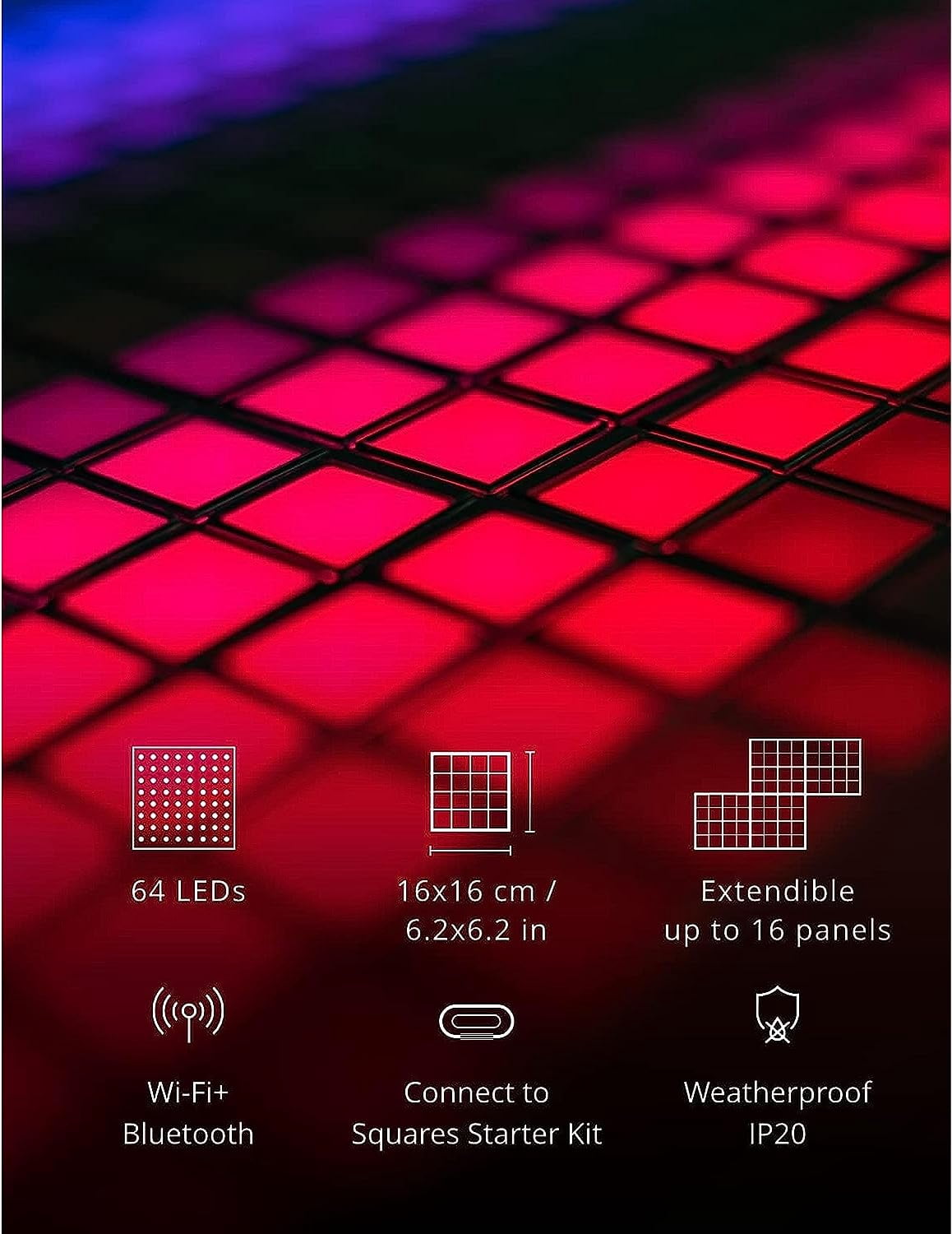 Twinkly Squares Smart LED Panel Light Kit, 64 RGB Pixels, 16 Million Colors, Black, USB-C, Expandable Indoor Lighting