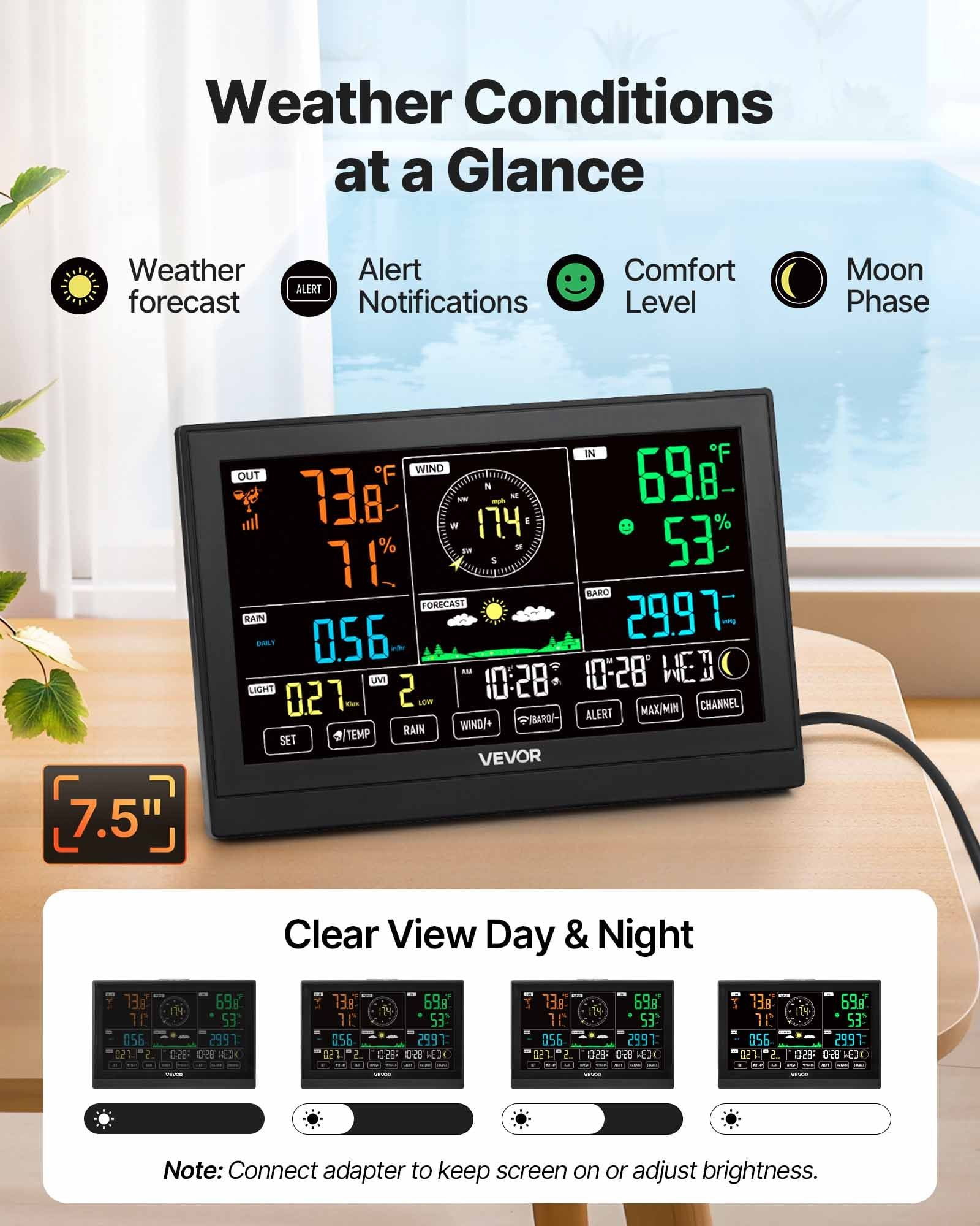 Solar 7-in-1 Wireless Weather Forecast Station, 7.5" Display, Pool Temp, Rain Gauge & Wind Speed