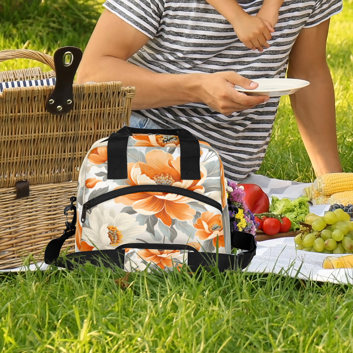 Herdesigns Floral Insulated Lunch Bag for Women Men Adults Large Reusable Lunch Box Orange White Flowers Leakproof Cooler Tote Bags with Adjustable Shoulder Strap