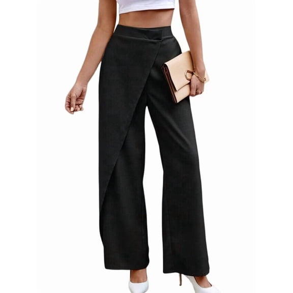 Women's High Waist Wide Leg Elegant Wrap Front Waisted Suit Trousers Pants Black S
