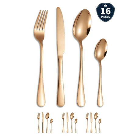 

16 Piece Gold Flatware Set Spoons and Fork Set Stainless Steel Tableware Service Cutlery Set Mirror Finish with Timeless Elegance Dishwasher Safe (Gold)