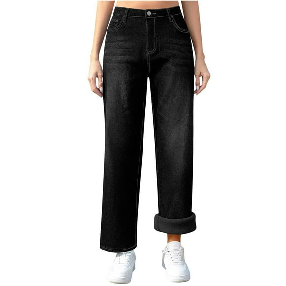 yardsong Women's High Waisted Stretchy Fleece Lined Wide Leg Jeans - Casual Winter Denim Pants with Pockets Black,XXL