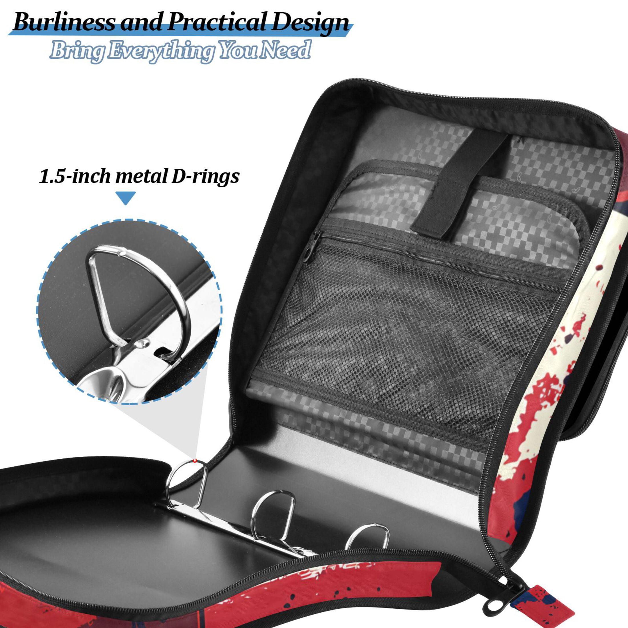 3 Ring Zipper Binder with Shoulder Strap Waterproof Trapper Keeper 2 Inch D-Ring 500 Sheets Capacity Basketball and American Flag