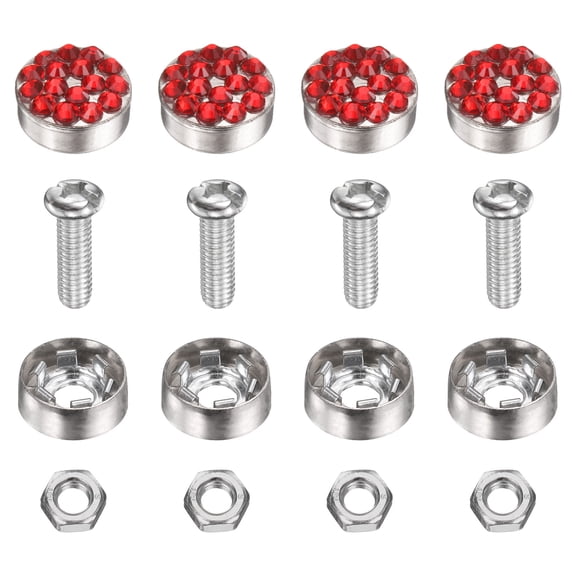 4 Pcs Anti Theft License Plate Screws Kits, Tag Plate Mounting Hardware, Rhinestone Design Screw Cap Cover Fitting for (Motorcycles/Cars/Trucks), Red