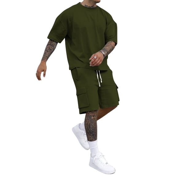 Clossjun Mens Short Sets 2 Piece Outfits - Casual Summer Short Sleeve Sweatsuits Sets for Men with Cargo Pocket