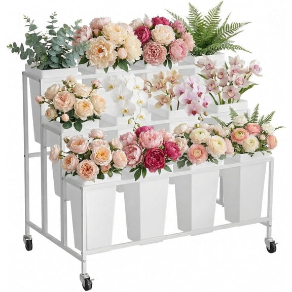 Flower Cart Display Stand with 12 Iron Buckets, 3 Layers White Metal Flower Bar Stand w/360° Swivel Wheels and Brake, Flower Display Stand for Weddings Garden Indoor Outdoor Patio Decor