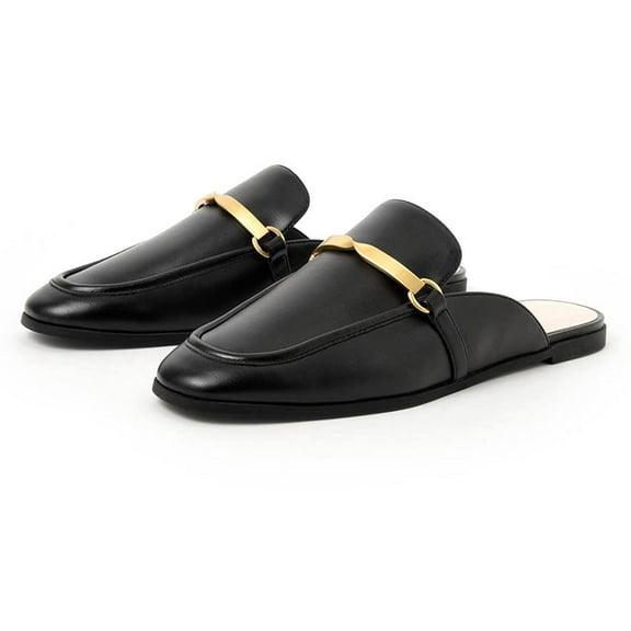 YDN Women Comfy Round Closed Toe Backless Flat Mules Metal Strap Slip On Slippers Casual Fashion Office Shoes Size 7 Black