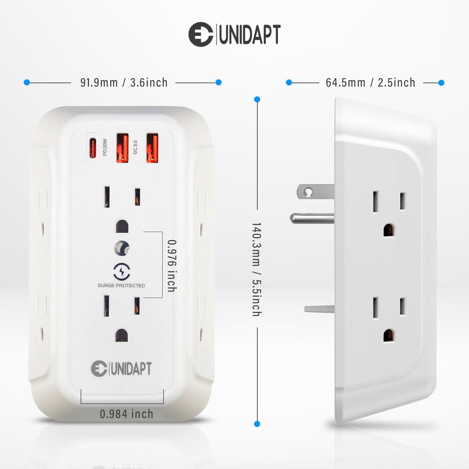 9-in-1 Outlet Extender with USB, 6 AC Ports, PD 20W USB-C – Fast Charges iPhone 3x Faster – 1800J Surge Protector – Compact 3-Sided Power Hub for Kitchen, Office, Bedroom & Travel (3.6" x 5.5")