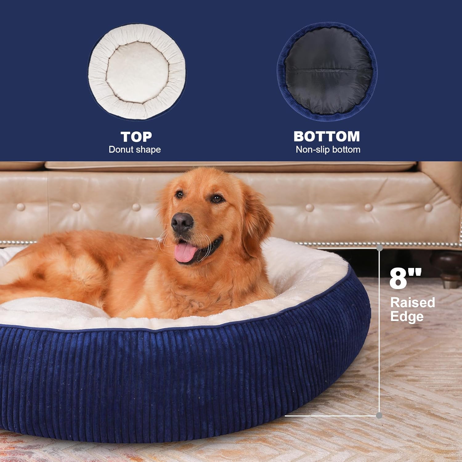 Donut Dog Bed,36 Inches Calming Round Dog Beds for Large Dogs,Washable Anti Anxiety Cuddler Dog Bed with Removable Cover(Navy Blue,Large)