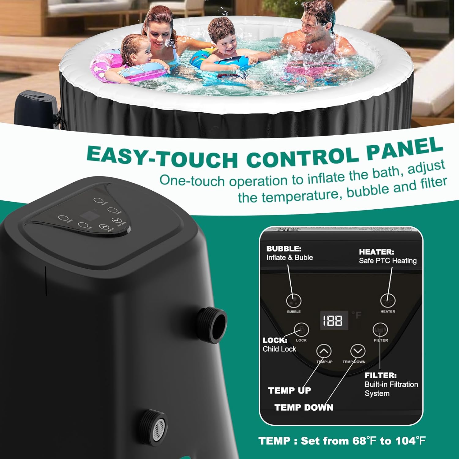 MOPHOTO 2-4 Person Inflatable Hot Tub, Round Portable Blow up Hot Tub, Leak-Proof PVC Outdoor Spa with 120 Air Jets, Insulated Cover & Heater Pump(71"*71"*25")