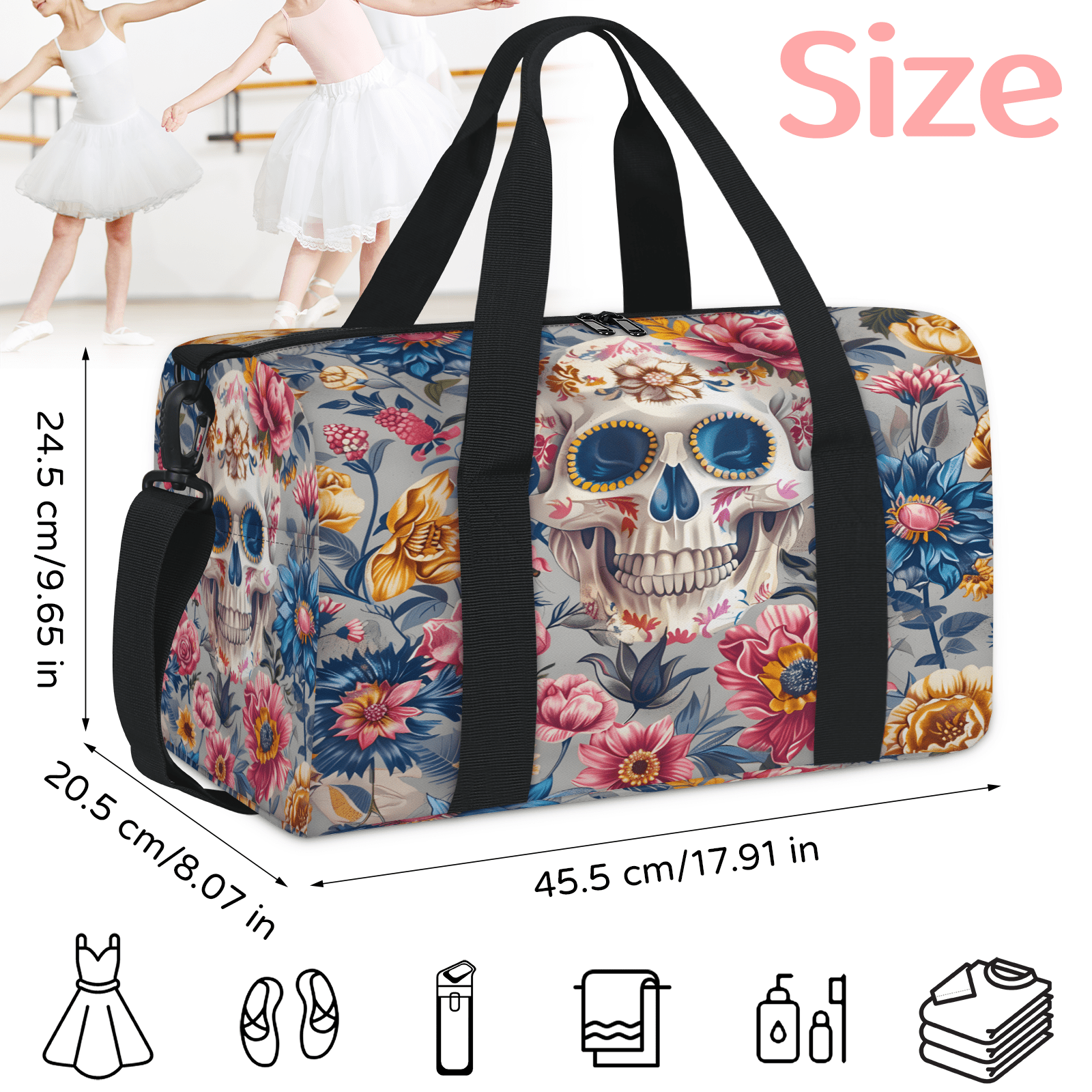 Herdesigns Skull Floral Travel Duffle Bag Sports Yoga Weekender Overnight Carry on Workout Bags Lightweight Waterproof Gym Tote Bag for Women Skeleton Floral Day of The Dead
