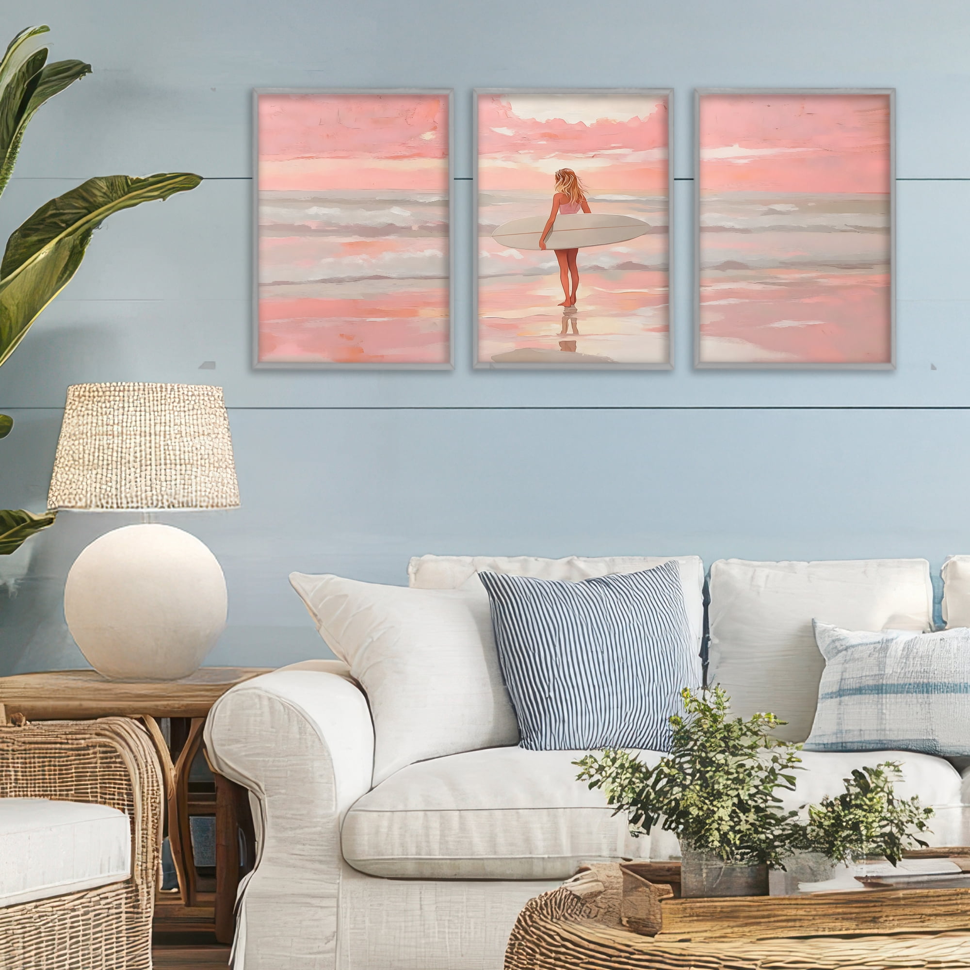 Stupell Industries Pink Sky Surfer Sunrise 3 Piece Gray Framed Giclee Art Set, design by LSR Design Studio