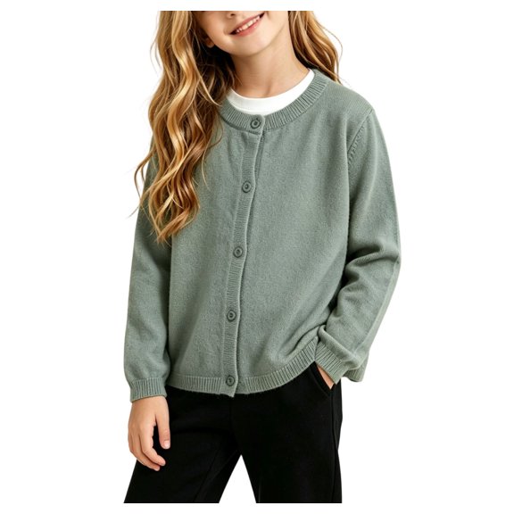 Rrxhxhs Cardigan for Girls Solid Color Crew Neck Button Front Long Sleeve Loose Casual Sweater Cover Up