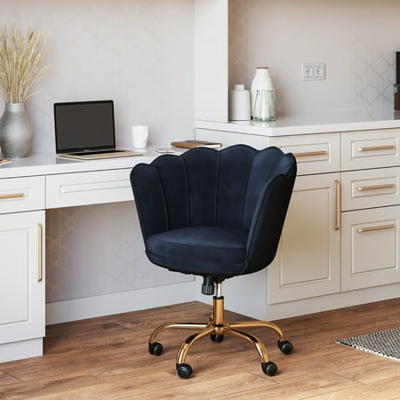 UPC: 0192928024883 | BELLEZE Kaylee Office Chair Upholstered Velvet Seashell Swivel Desk Chair Task Chair Height Adjustable Golden Leg  Black