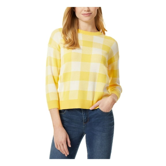 JONES NEW YORK Womens Yellow Plaid 3/4 Sleeve Crew Neck Sweater L