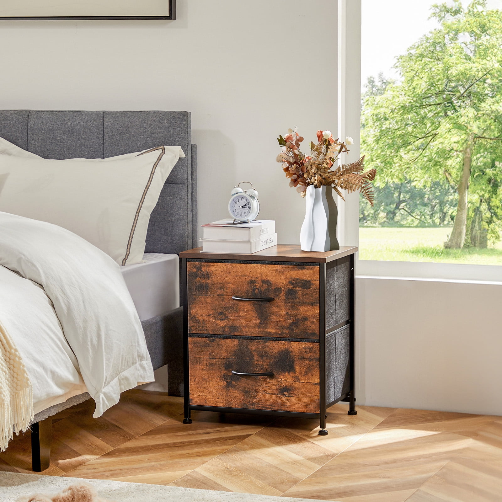 JOINSUN Rustic Brown Nightstand Dressers with 2 Fabric Drawers, Ideal for Bedroom Organization