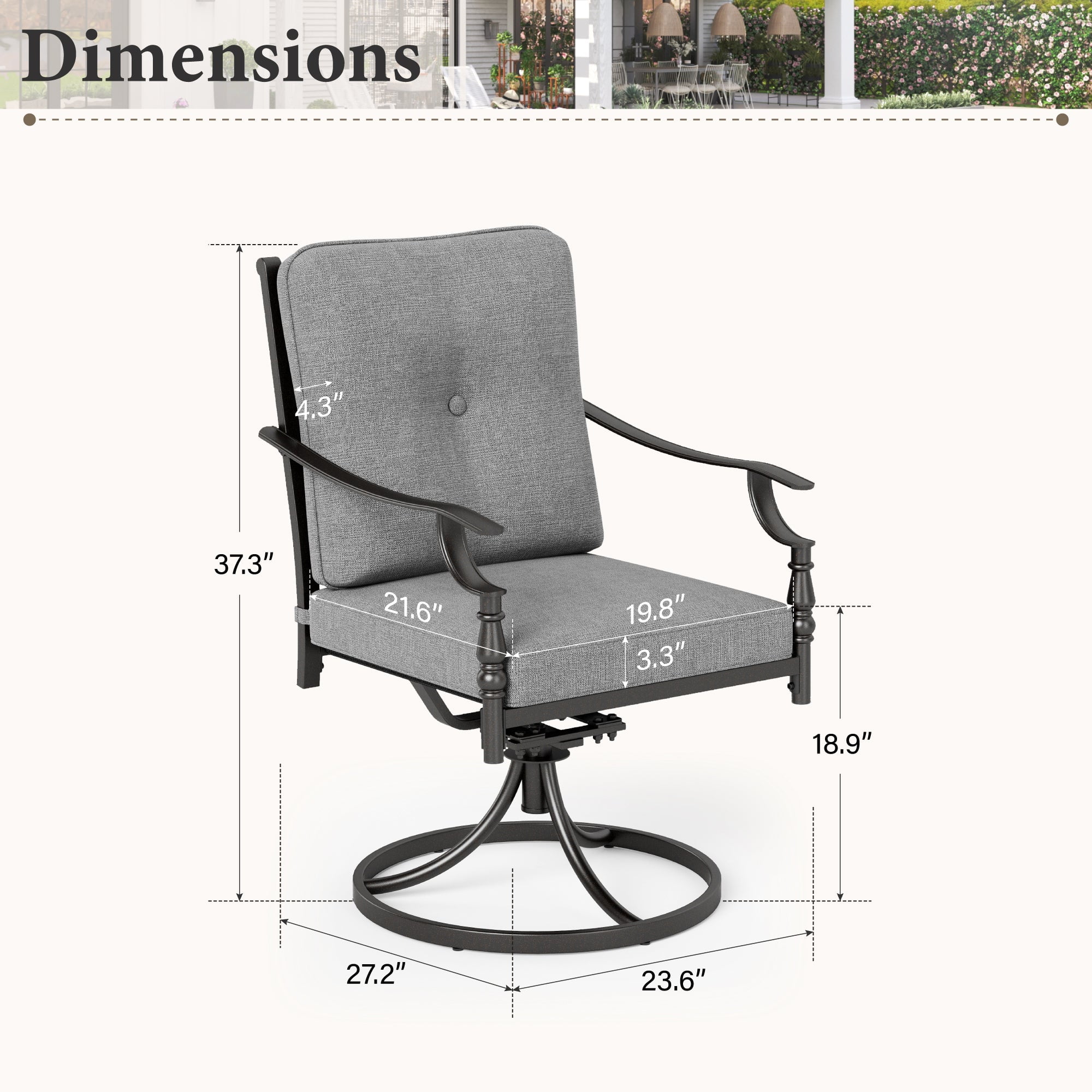 Summit Living Swivel Outdoor Patio Dining Chairs Set of 2, 2-Piece Metal Outdoor Patio Chairs with Cushion, Gray