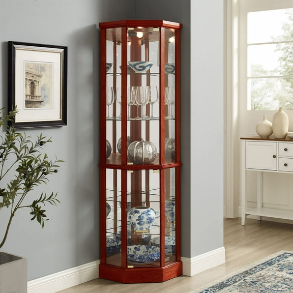 Royard Oaktree 70" Retro Lighted Corner Curio Cabinet with Curved Design, Glass Doors, and Shelves
