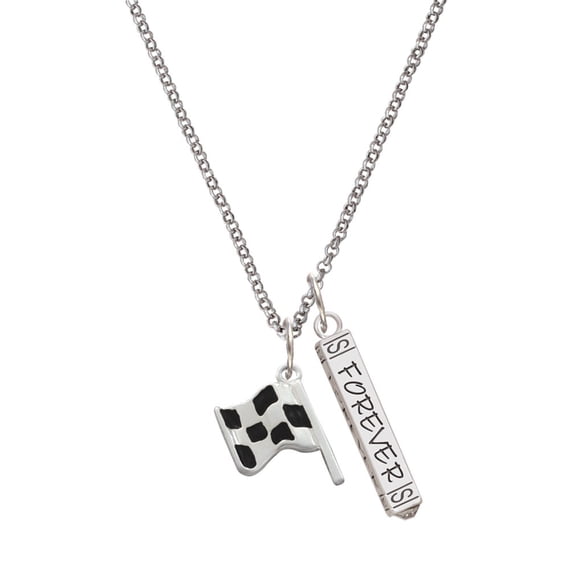 Delight Jewelry Silvertone Checkered Race Flag Silvertone Forever Bar Charm Necklace, 23"