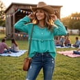 thumbnail image 5 of Linen Blouses for Women Summer Cute Fringe Long Sleeve Modest Tunic Tops Casual Y2k Baggy Crew Neck Plain T Shirts Turquoise XL, 5 of 7