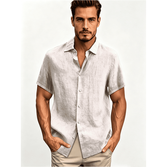 Busydd Mens Dress Shirts Short Sleeve Button Up Shirts Casual Solid Color Cotton Linen Shirts for Men Stylish Turndown Collar Oversized Blouses Plus Size S-25XL