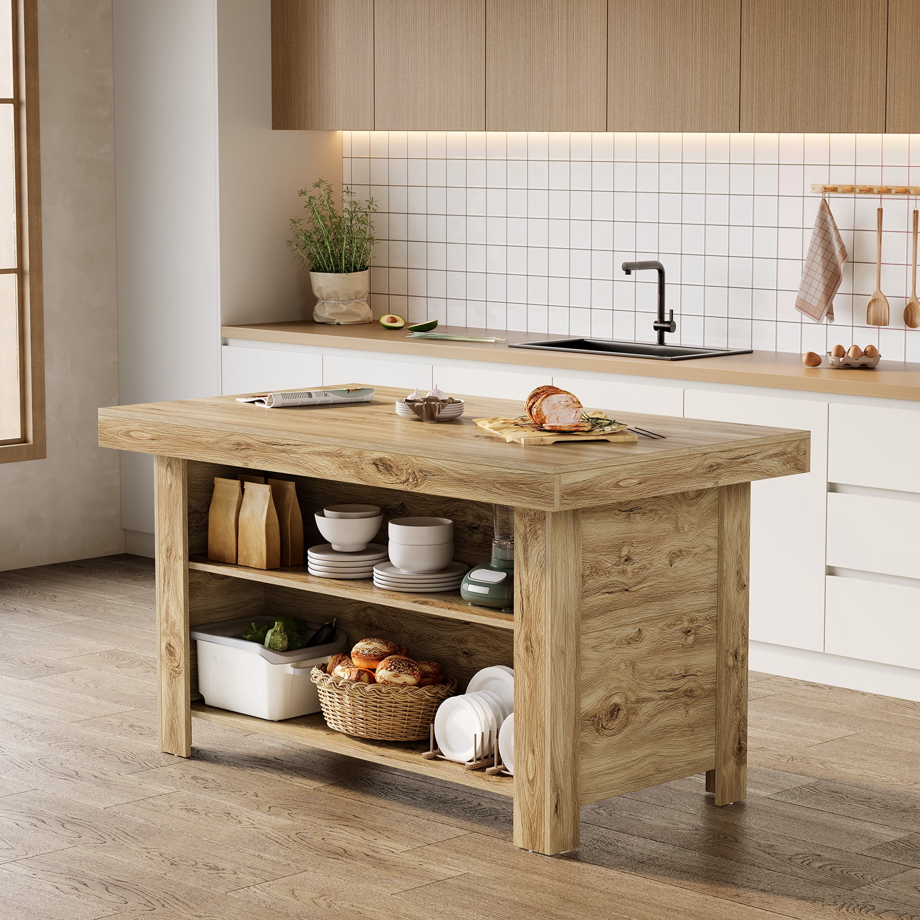 Finmind 3-Tier Farmhouse  Kitchen Island with Storage Shelf, 55 Inches Wooden Stationary Island Table with Large Worktop for Kitchen, Oak