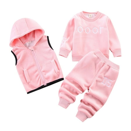 

EnJoCho Fall Outfit for Baby Boys and Girls 3 Piece Flannel Set Letter Pattern Pullover Sweatshirt Hooded Zipper Vest Thick Pants Winter Outfits Little Child Trendy Clothing Holiday Casual Wear